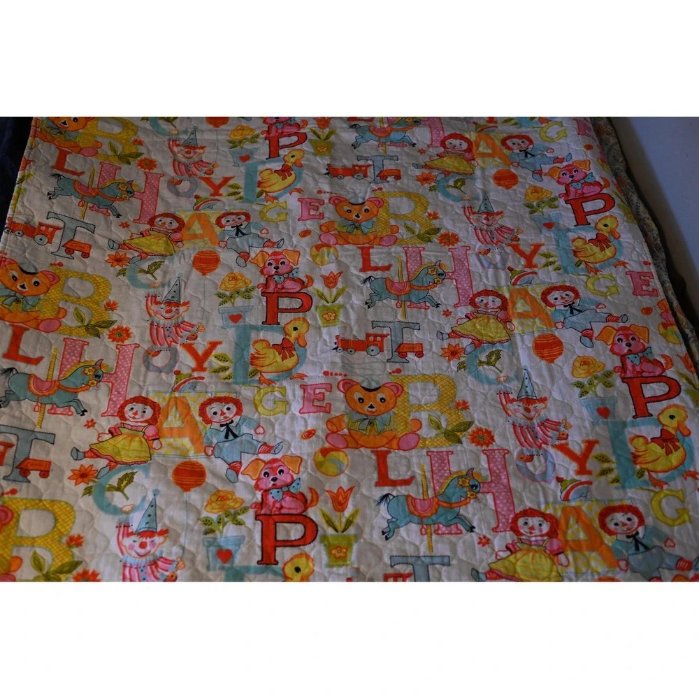 Vintage ABC Raggedy Ann Baby Blanket Quilt White Pink 49x44 Nursery Bedding